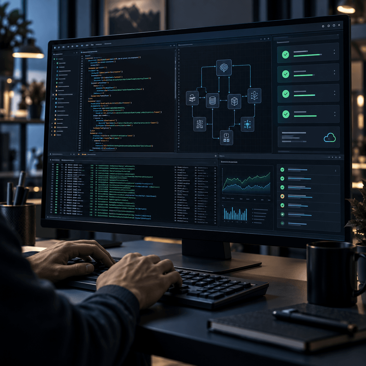 Engineer working on a production software system and deployment dashboard