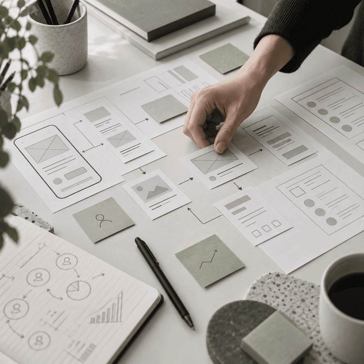UX research materials and wireframes arranged on a design studio desk